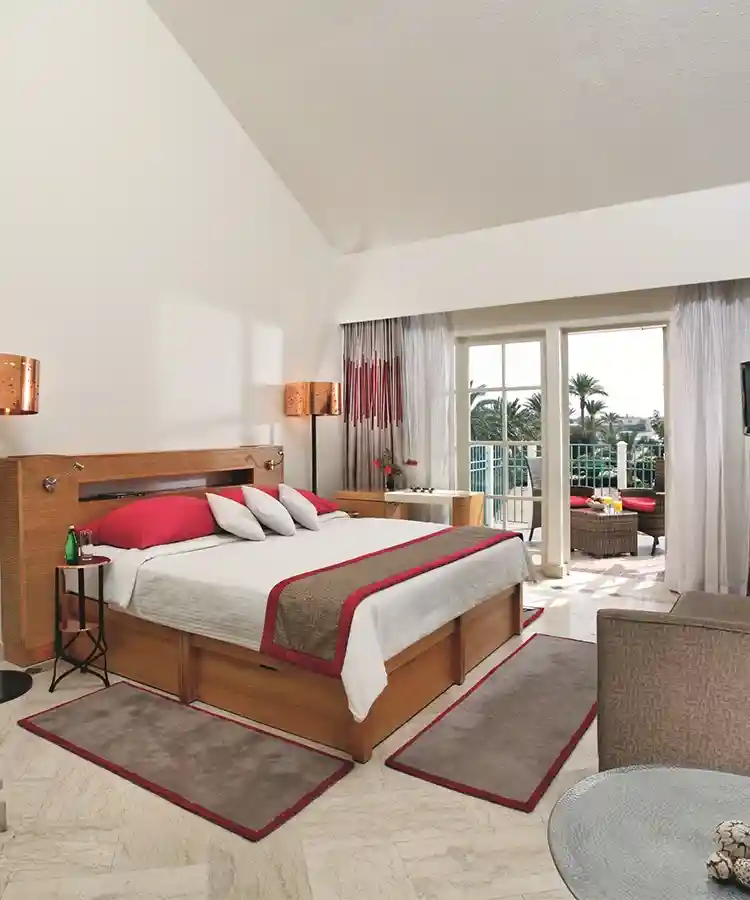 A hotel room with a king-size bed, neatly made, and the curtains open to reveal a scenic view outside.