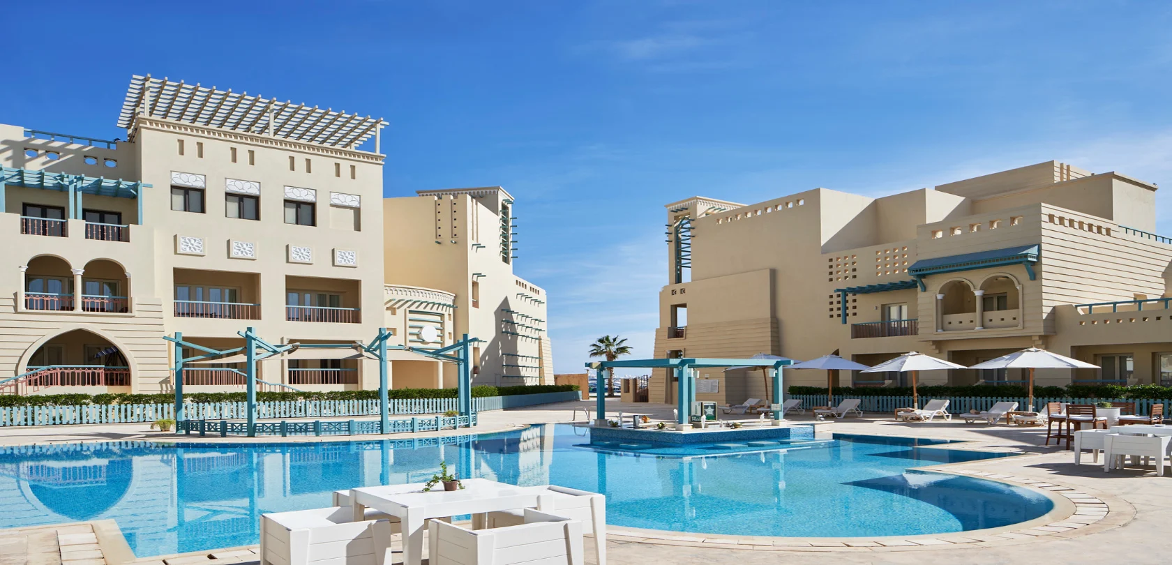 The poolside view of the hotel.