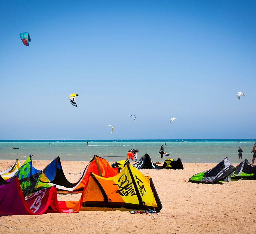 Kite surfing activities on the beach at Fanadir el Gouna.