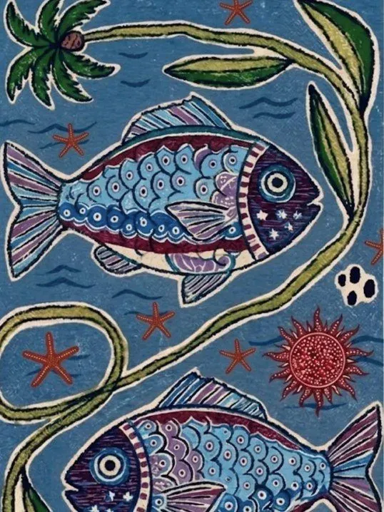 Detail of a beach towel with fish, palms and starfish on a sea-blue ground