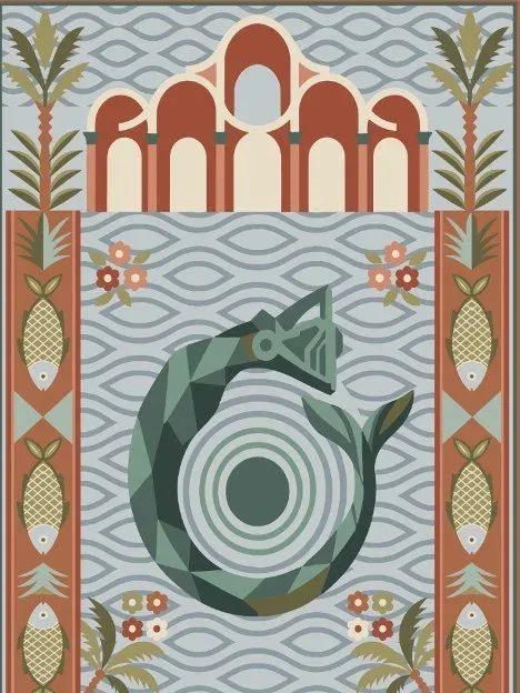 Detail of a kilim design with arches, waves and a mermaid