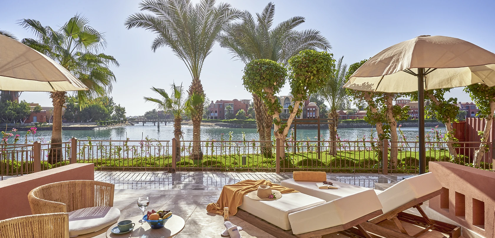 The terrace of a Superior Sea View Room at The Three Corners Ocean View in El Gouna, Red Sea.