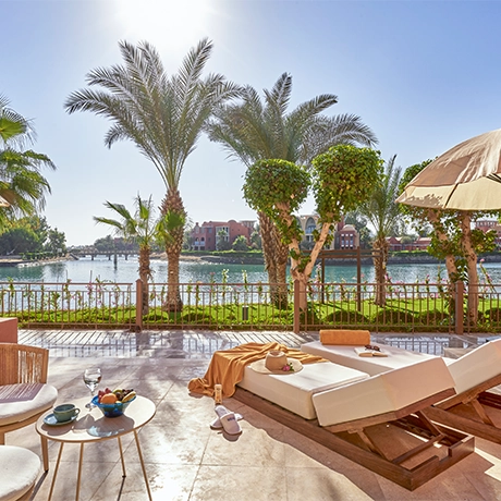 The terrace of a Superior Sea View Room at The Three Corners Ocean View in El Gouna, Red Sea.