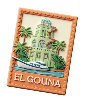 El-Gouna-Souvenirmagnet mit einem Turm, Palmen und einem Boot